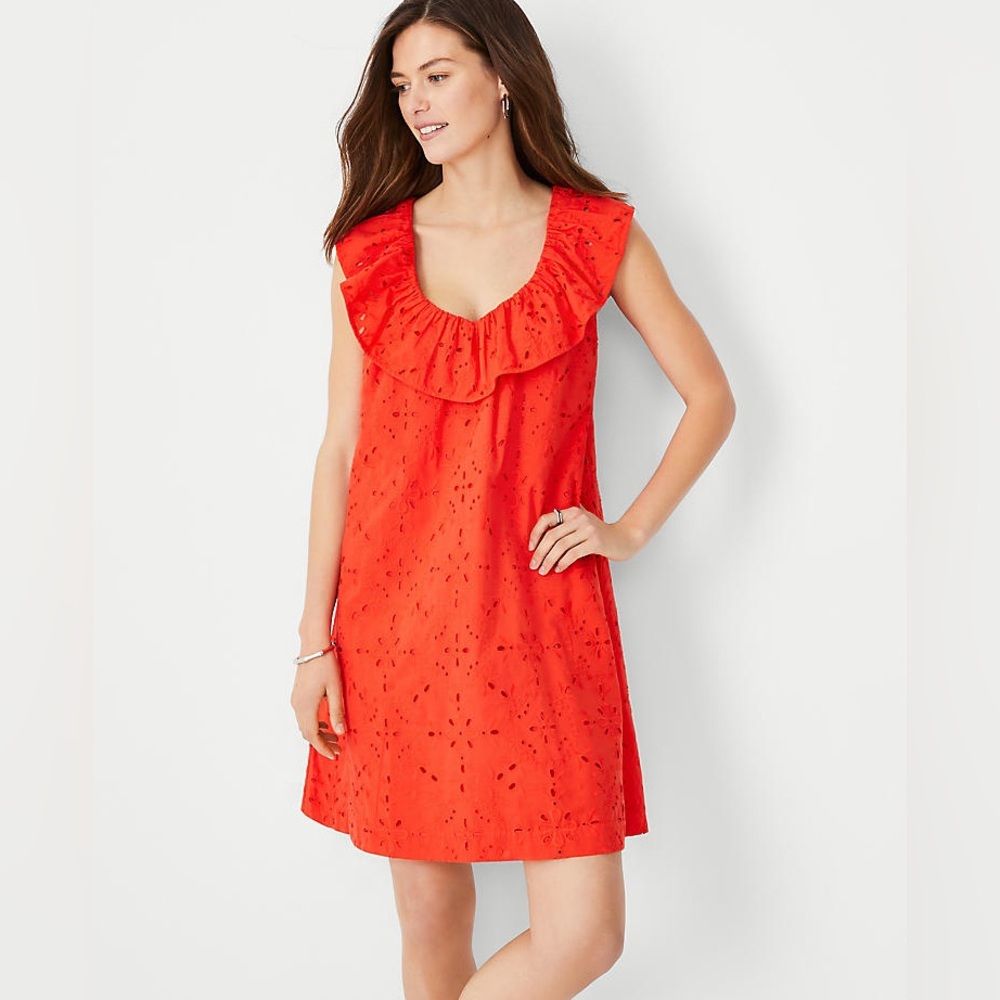 Ann Taylor Orange Eyelet Ruffle Neck Shift Dress Oversized Size L / XL